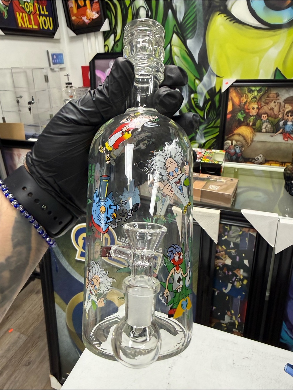 Clear Glass Art with Colorful Cartoon Graphicsy